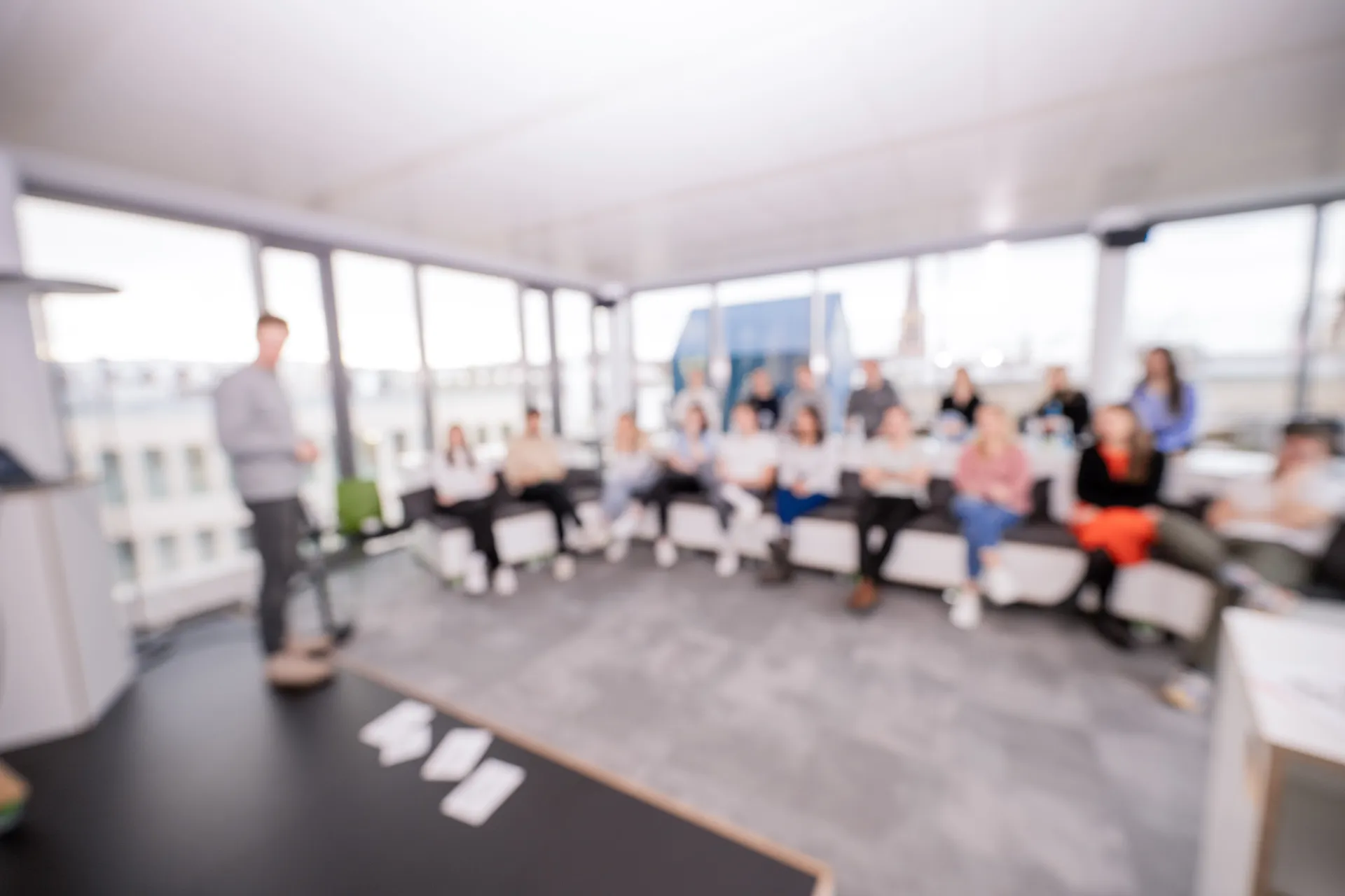 a group of people sitting in a room